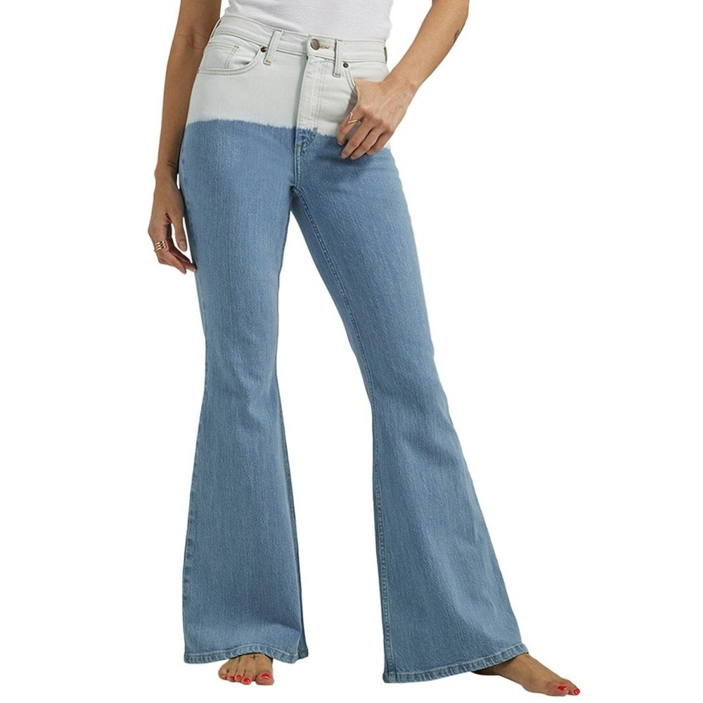 Lee High Rise Flare Jeans‎ Two Tone Colorblock Dip Dye Blue White NWT 26x33